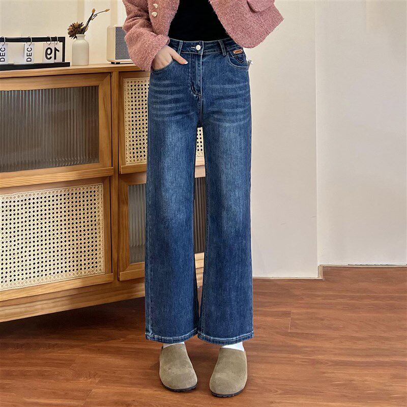 窄版直筒牛仔裤女大码微胖妹妹mm遮胯高腰显瘦宽松垂感弹力烟管裤