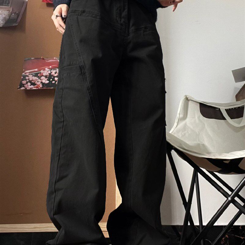 美式复古多口袋工装阔腿黑色牛仔裤女秋bf慵懒风宽松直筒休闲裤子