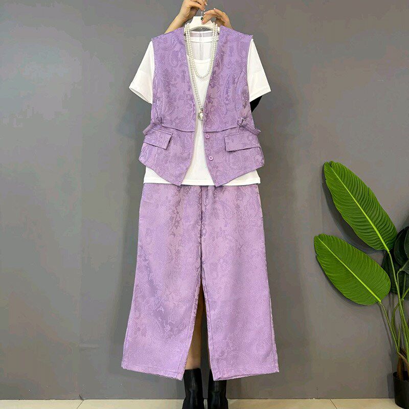 2025新款大码女装胖MM宽松显瘦时尚时洋气提花轻奢马甲阔腿裤套装