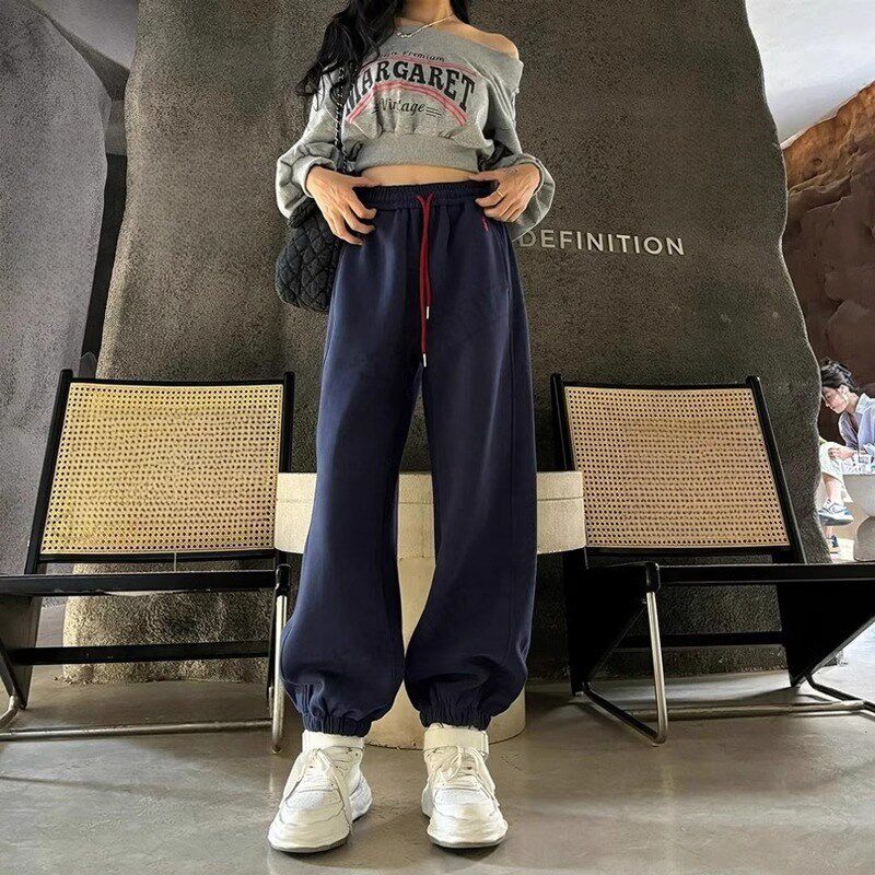 大码刺绣运动裤女胖mm秋冬新款高腰宽松休闲灯笼裤加绒束脚卫裤子