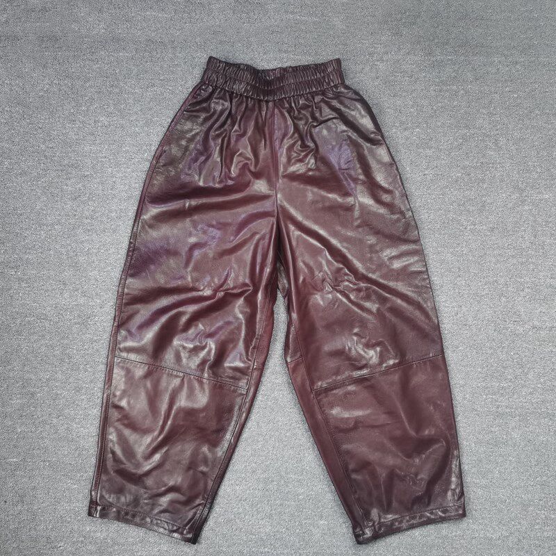 松紧腰真皮高腰皮裤女酒红色油蜡皮宽松休闲长裤百搭阔腿裤2025秋