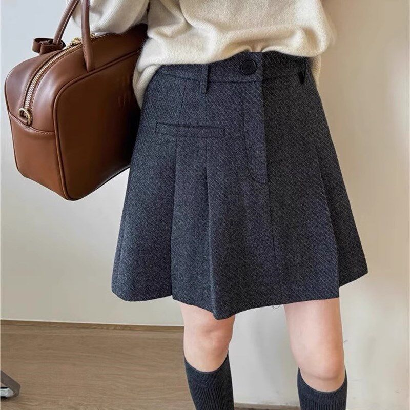 灰色百褶裙女西装半身裙胖mm遮肚显瘦A字防走光毛呢加厚学生短裙