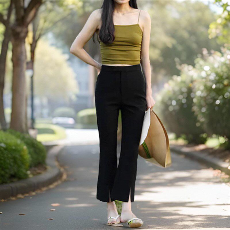 微喇裤女春夏显瘦垂感直筒西装阔腿九分裤小个子前开叉八分喇叭裤