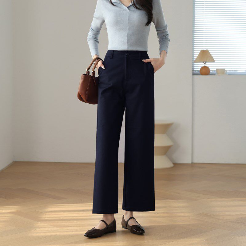 新面料/直筒休闲阔腿裤女2025春款高腰藏蓝色百搭法式九分西装裤