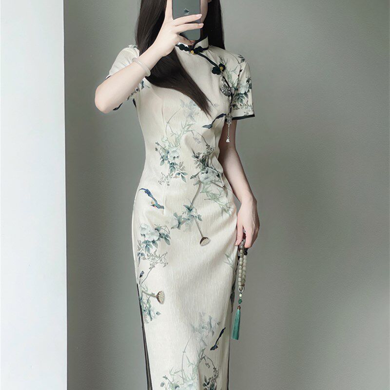 素雅印花旗袍2024新款夏季复古民国风优雅气质年轻少女连衣裙茶服
