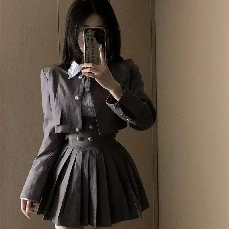 纯欲风辣妹减龄复古条纹衬衣西装外套高腰百褶裙时尚三件套装秋季