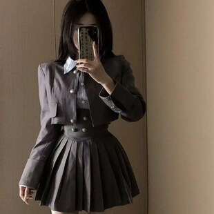 秋季 三件套装 外套高腰百褶裙时尚 纯欲风辣妹减龄复古条纹衬衣西装