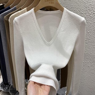 针织衫 2023秋季 设计感小众毛衣长袖 显瘦打底衫 上衣女洋派V领修身