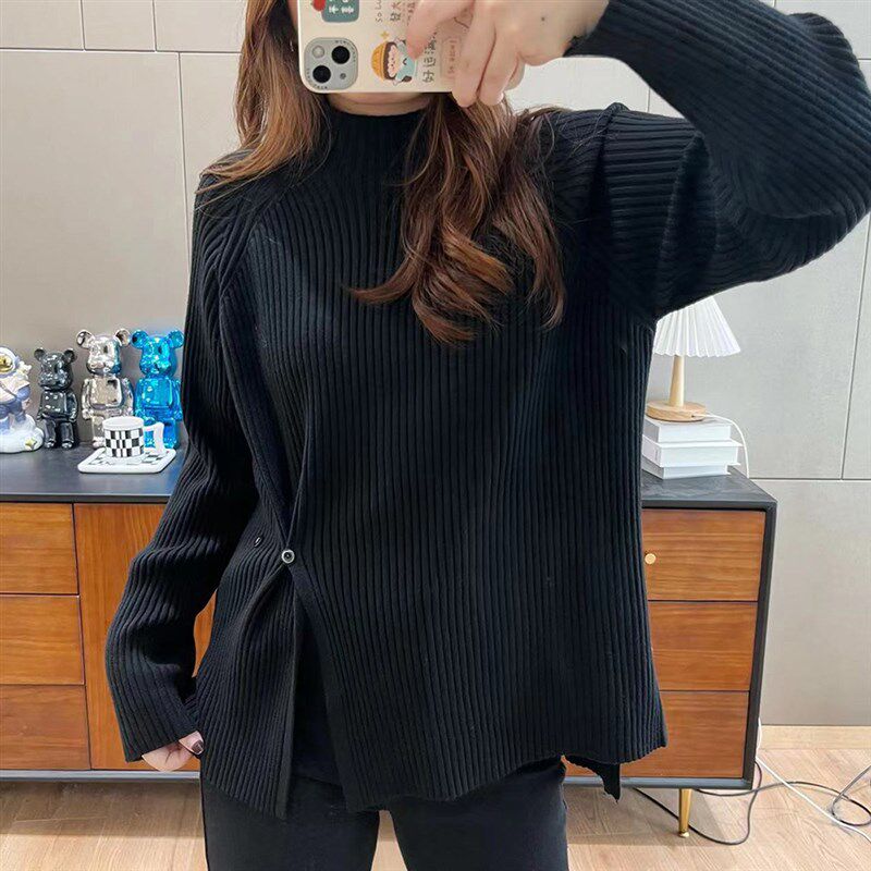 大码女装春秋设计感小众半高领针织打底毛衣胖mm显瘦长袖内搭上衣