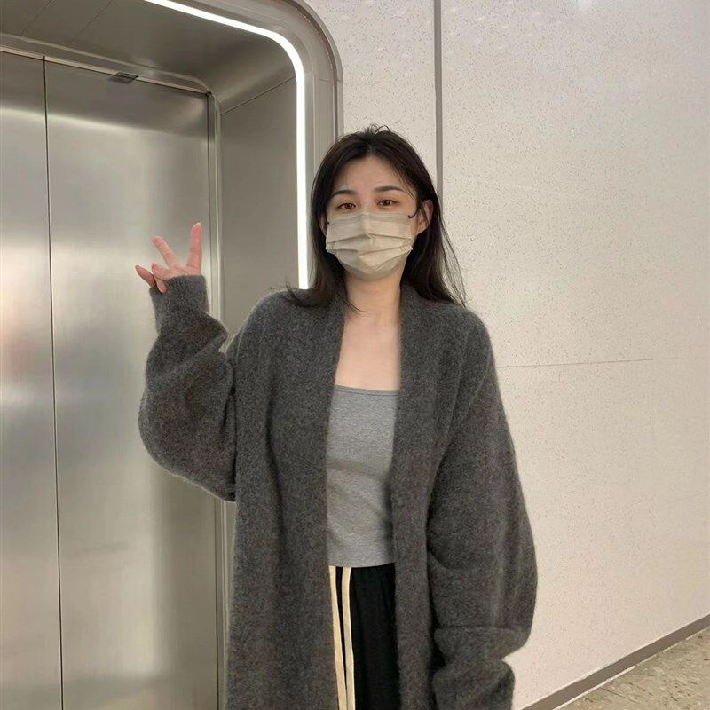 长版过膝毛衣外套女秋冬季2023新款宽松慵懒风百搭厚针织开衫大衣