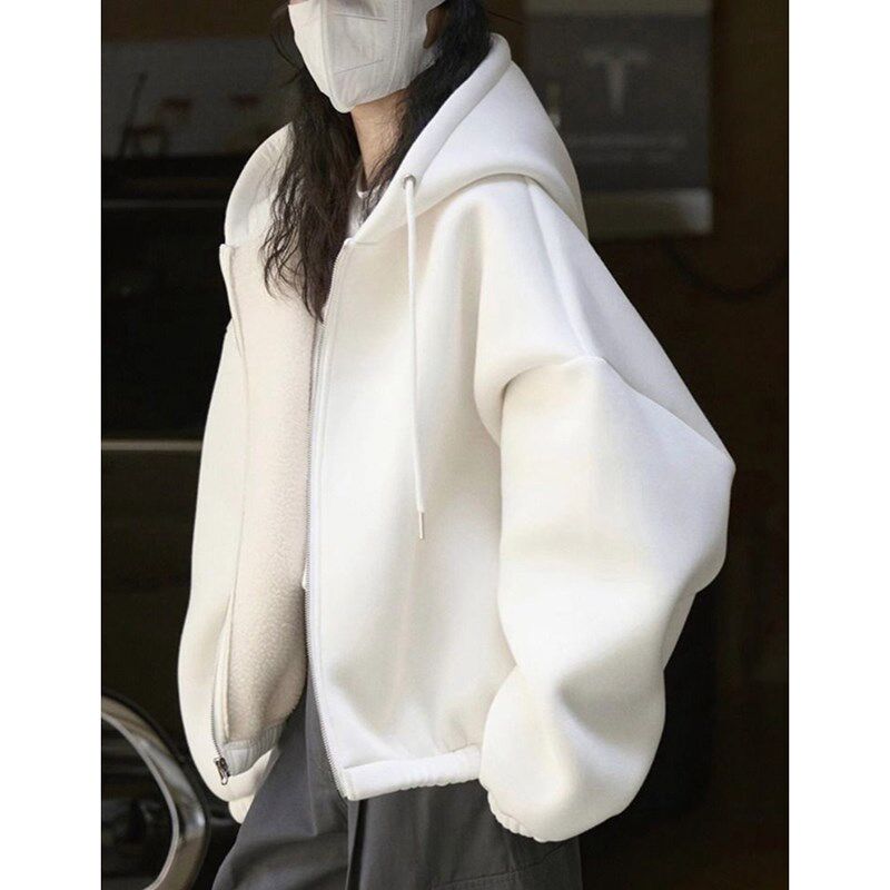 白色连帽拉链开衫卫衣女2024新款爆款秋冬加绒加厚宽松慵懒风外套