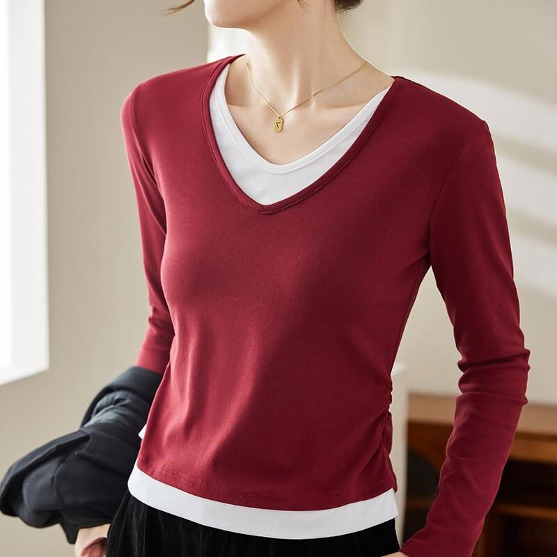 纯棉假两件撞色长袖T恤女2024春秋新款V领修身设计感上衣打底衫