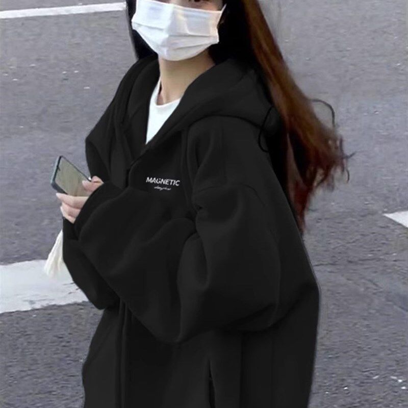 100%纯棉美式黑色拉链开衫卫衣女慵懒风春秋薄款2024新款连帽外套