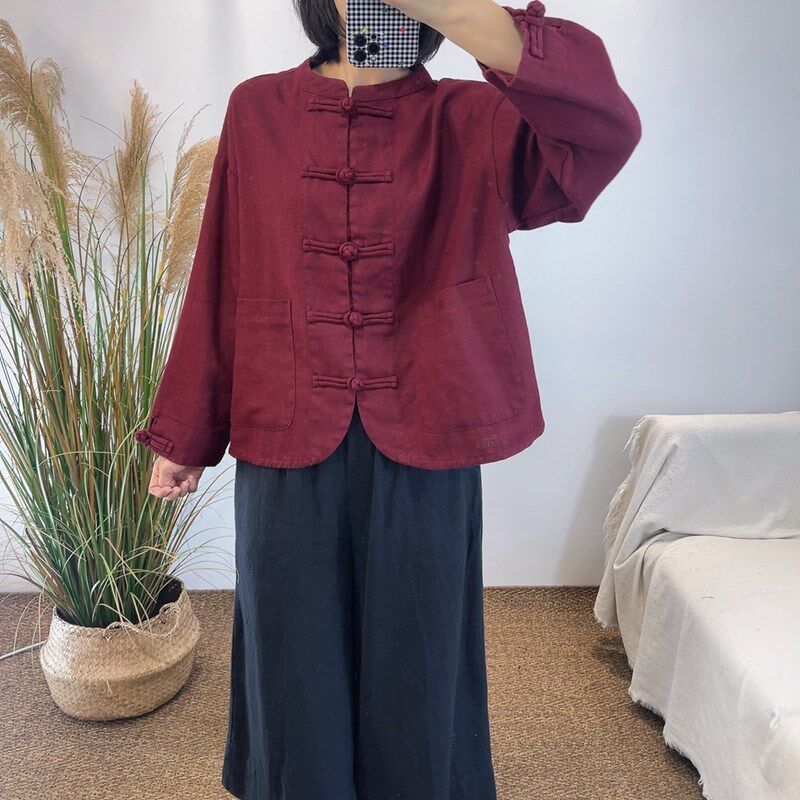 亚麻盘扣纯色外套女2025新年红宽松大码复古新中式风口袋开衫上衣