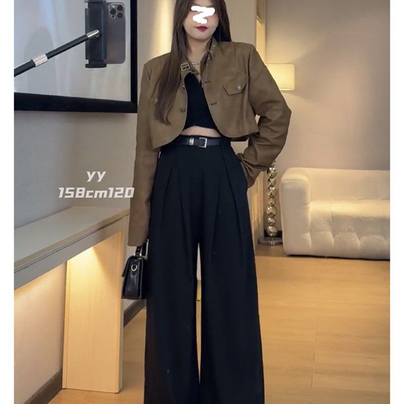 大码高腰设计感阔腿西装裤女春秋胖mm显瘦直筒垂感长裤拖地休闲裤
