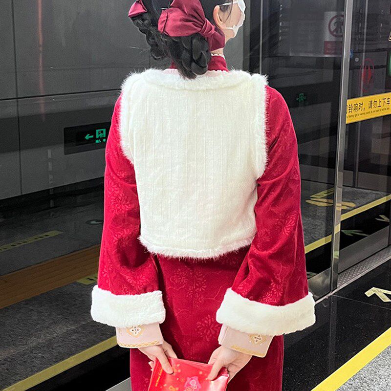 新中式女装国风改良旗袍马甲配连衣裙两件套新年战袍汉服套装冬季