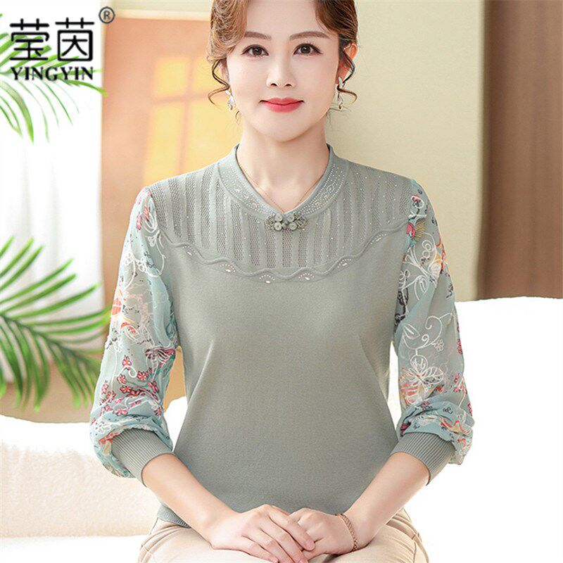妈妈春装2024新款薄款T恤中年女夏装洋气打底衫时尚针织上衣套装