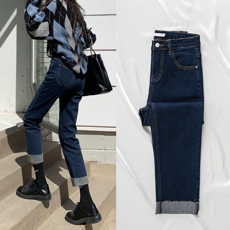 高腰卷边直筒牛仔裤女2025春季新款大码胖妹妹mm显瘦九分烟管裤