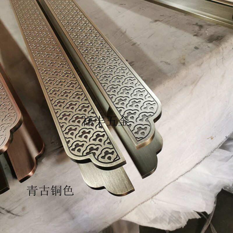 中式仿古大门拉手古铜黑色双开A玻璃门木门把手长条形祥云雕刻扶