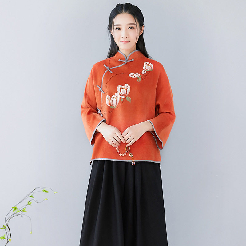 莨帛秋冬中国风文艺女复古中式改良茶服手绘毛呢旗袍汉服上衣外套
