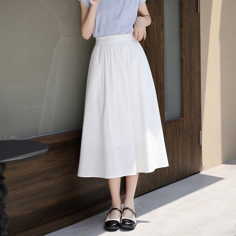 白色半身裙女夏季高腰松紧腰遮胯过膝大摆棉质西装A字中长蓬蓬裙