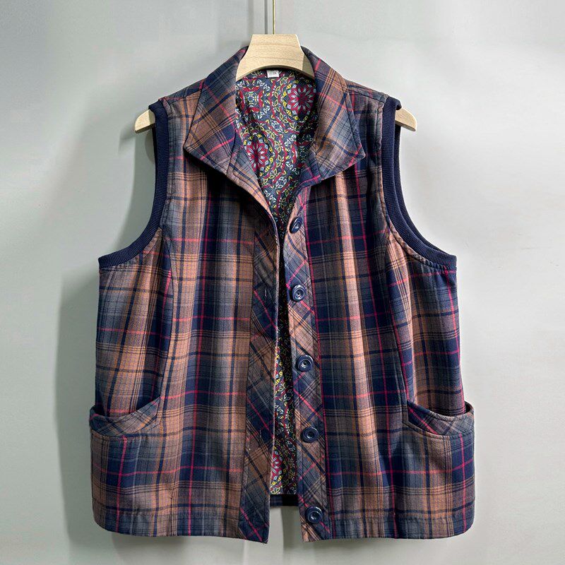 中老年人马甲女春秋老太太老人薄款格子马夹妈妈外穿女款纯棉背心