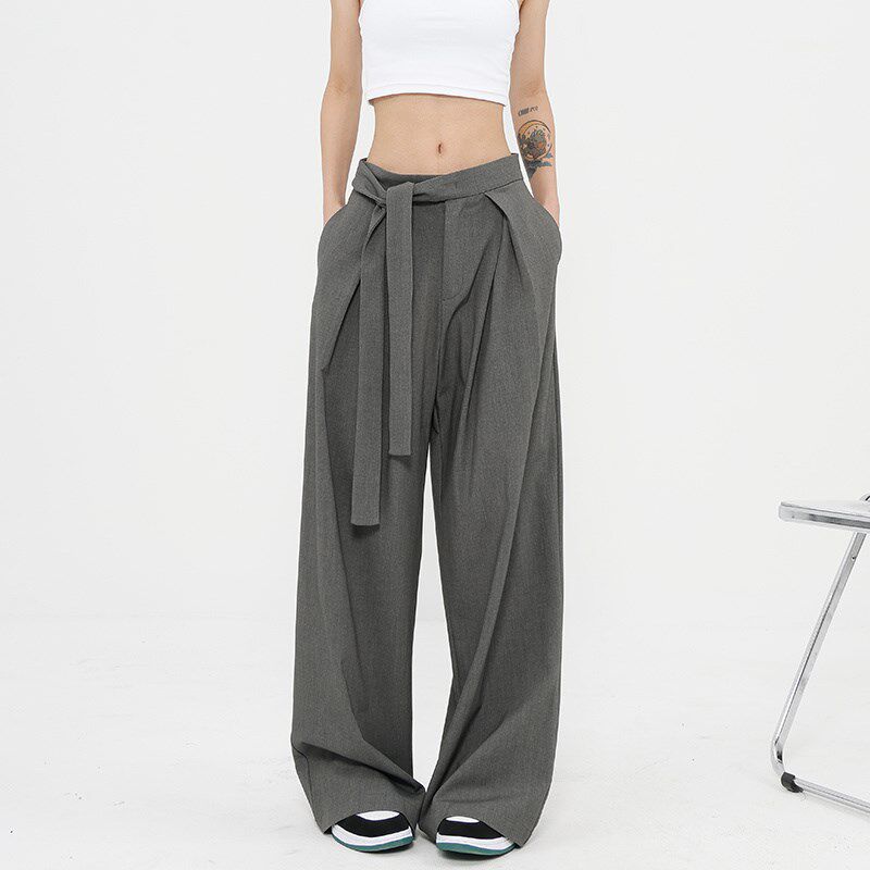 灰色设计感西装裤女夏季高腰垂感直筒裤宽松百搭休闲拖地阔腿裤