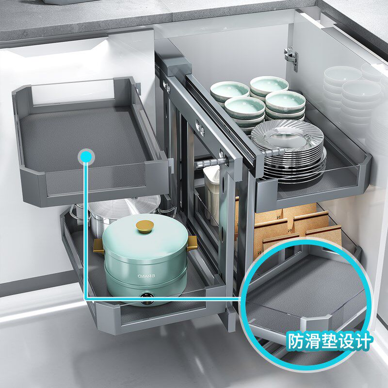 转角拉篮厨房橱柜k双层抽屉式收纳内置可旋转全开拐角小怪物拉篮