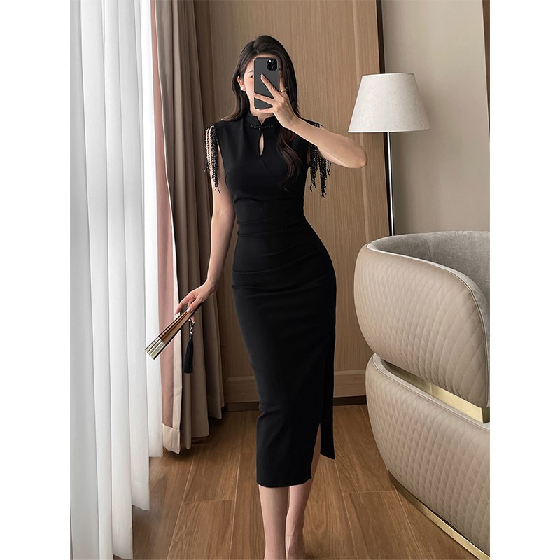 新中式流苏改良版旗袍女夏季新款高档立领镂空黑色显瘦修身连衣裙
