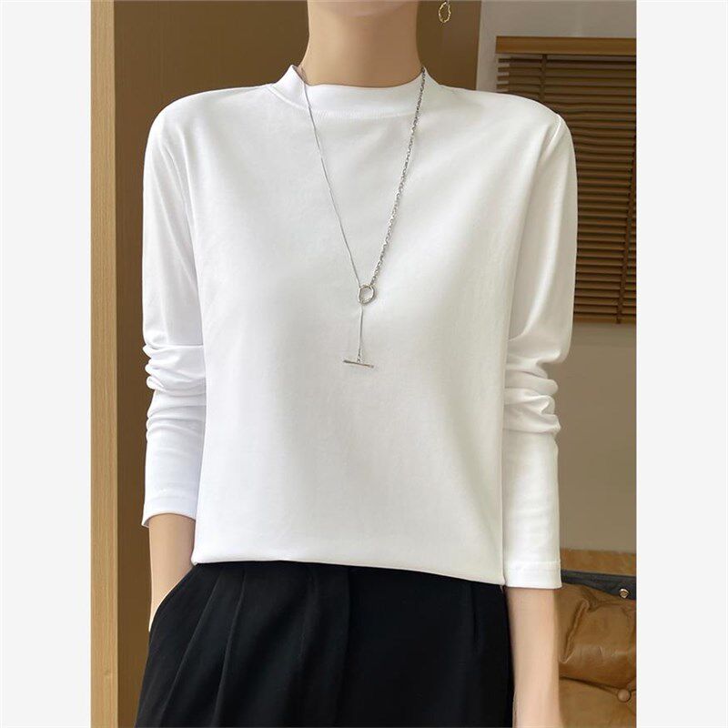 春秋半高领纯棉长袖女韩版休闲外穿T恤宽松百搭纯色内搭打底上衣