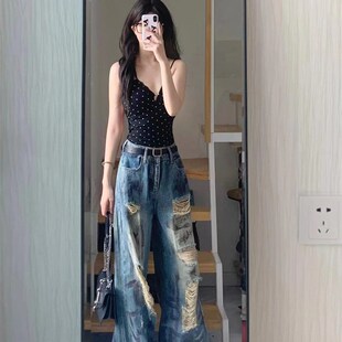 复古辣妹直筒宽松显瘦设计感长裤 女美式 子 破洞阔腿拖地牛仔裤 夏季