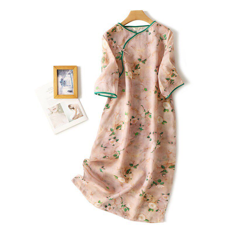 新中式斜襟盘扣改良旗袍连衣裙女夏季大码宽松苎麻印花中长a字裙