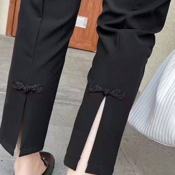 复古纽襻开叉西装裤夏薄款女高腰显瘦八分直筒垂感休闲职业烟管裤