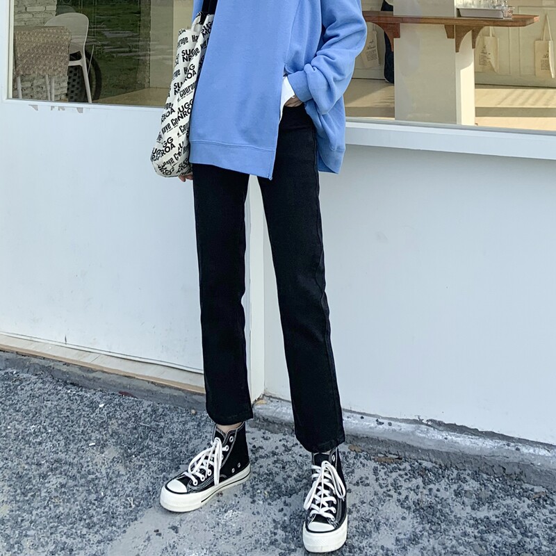 高腰黑色直筒牛仔裤女秋冬加绒裤子显瘦大码胖mm小个子九分烟管裤