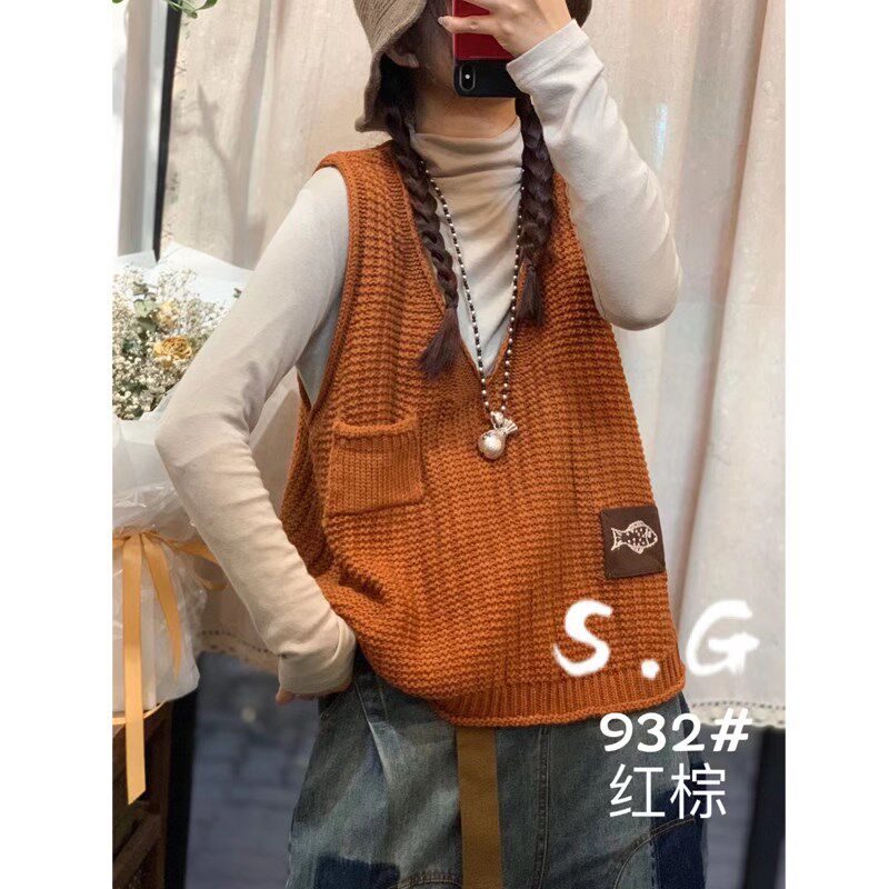针织马甲女春季新v领宽松大码复古文艺女士马夹背心坎肩毛衣外穿