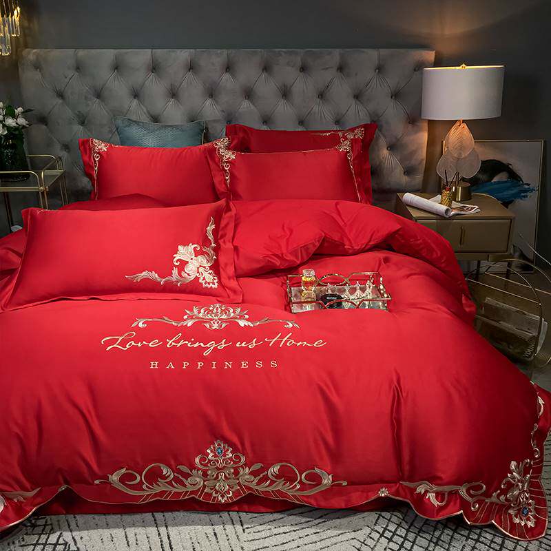 欧式婚庆大红色四件套全棉床单刺绣被套R喜被结婚床上用品