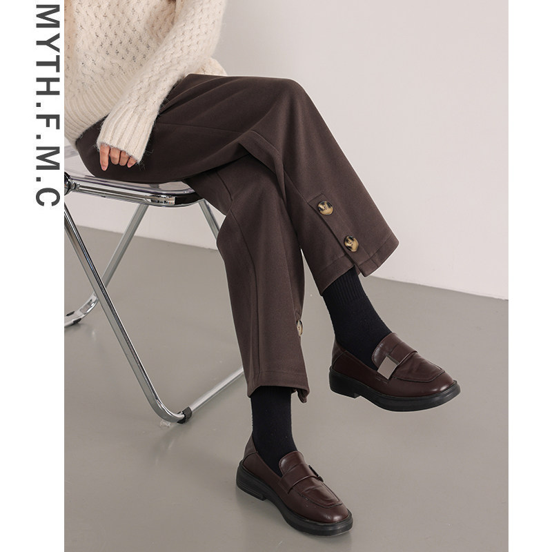 爆款2021年秋冬季新款洋气女裤子九分毛呢西装直筒裤小个子阔腿裤