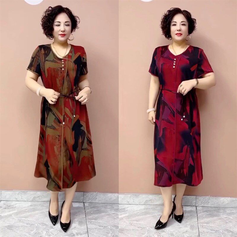 夏季中老年妈妈装重磅真丝圆领连衣裙减龄加肥大码宽松遮肚子裙子