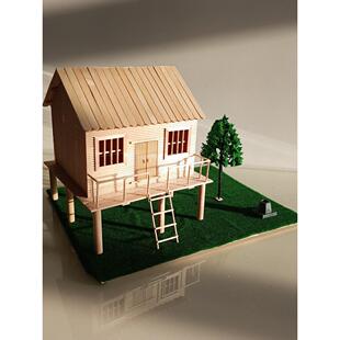 建筑模型雪糕木棒手工作业制作吊脚楼杆干栏式建筑民居河姆渡房屋