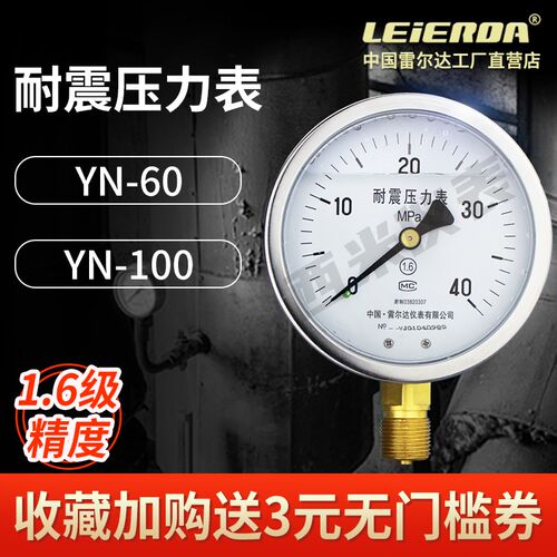 雷尔达YN60/100抗耐震压力表防震径向0-40mpa1.6/2.5水气油液压表