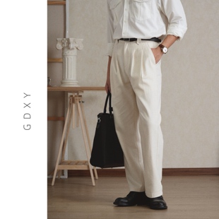 男 垂感百搭长裤 莱赛尔棉麻混纺双褶高腰阔腿裤 宽松直筒休闲裤