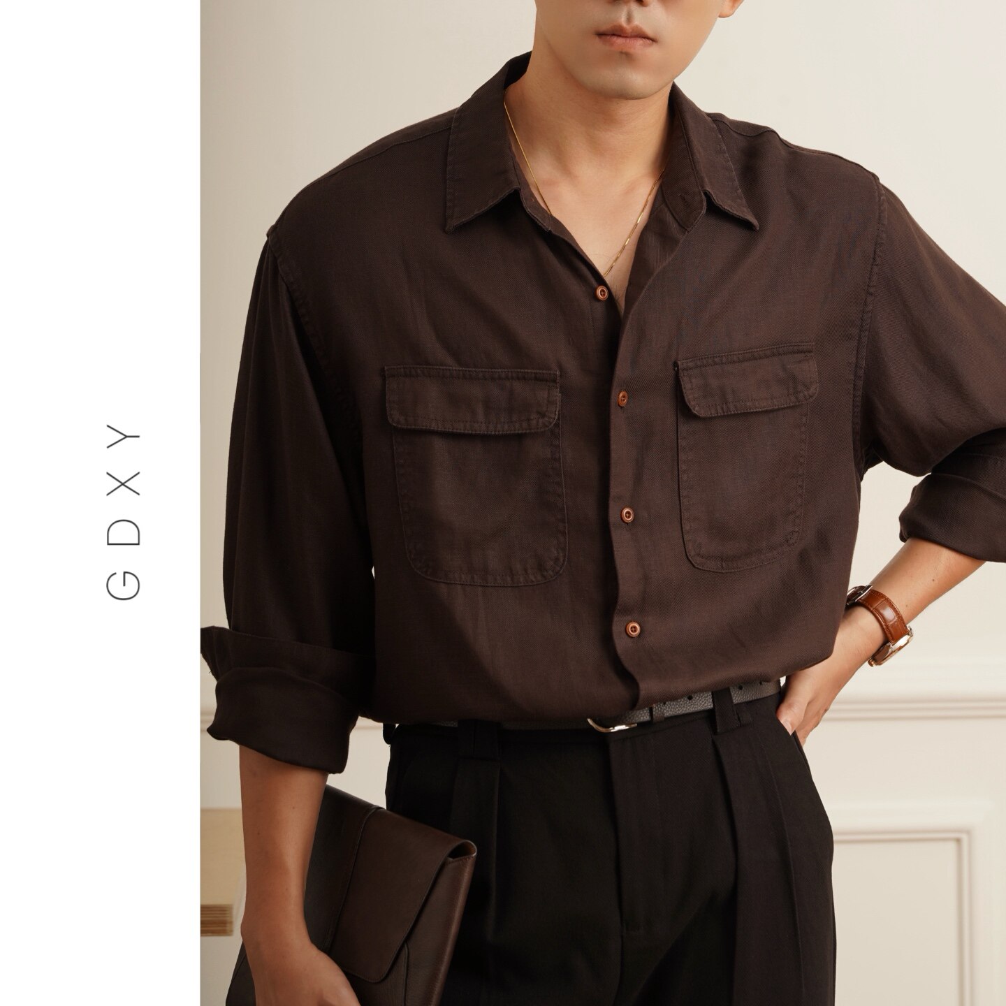 GDXY「莱赛尔&亚麻」26秋季新款老钱风长袖衬衫男双口袋工装衬衣