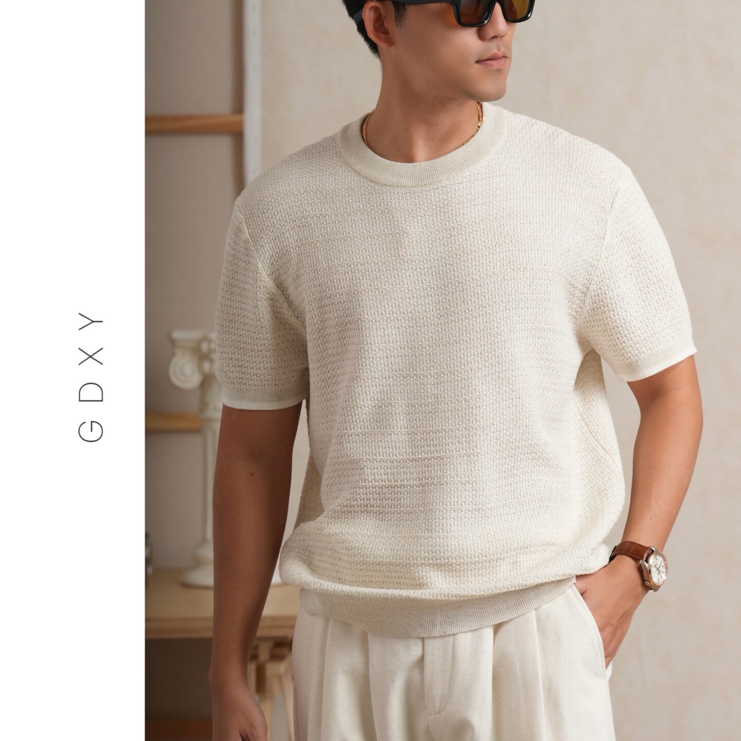 GDXY 【亚麻舒适系列】天然亚麻老钱风透气圆领针织衫夏短袖男T恤