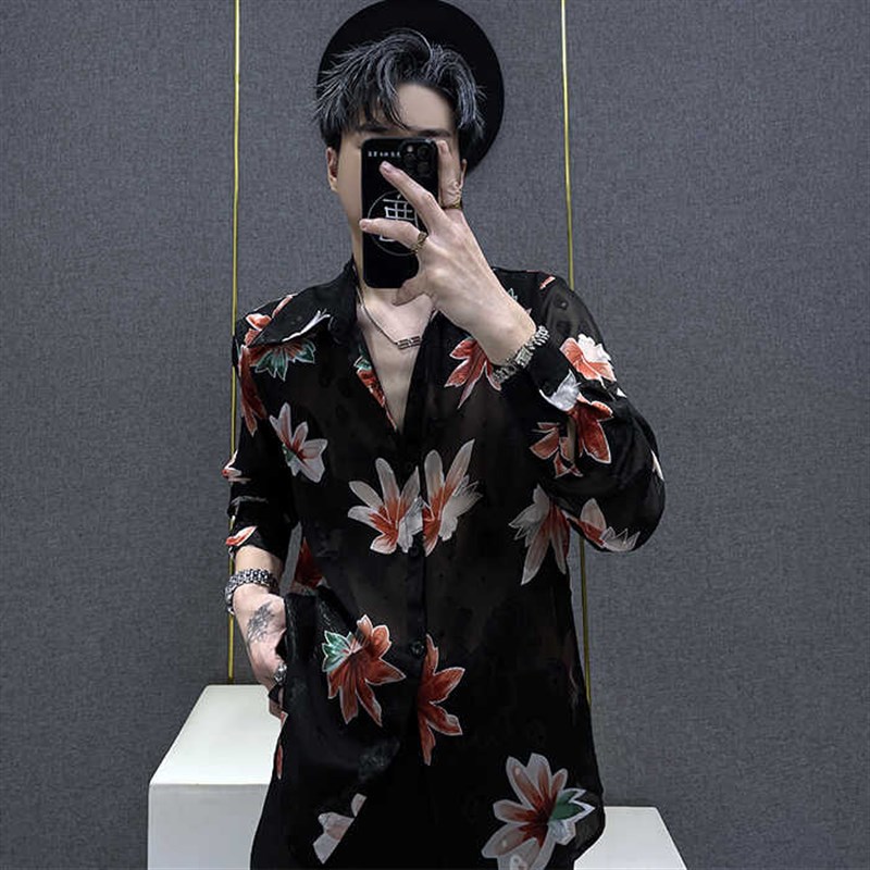 夏季网纱宽松花衬衫男士显瘦防晒外套2024新款慵懒风小众印花上衣