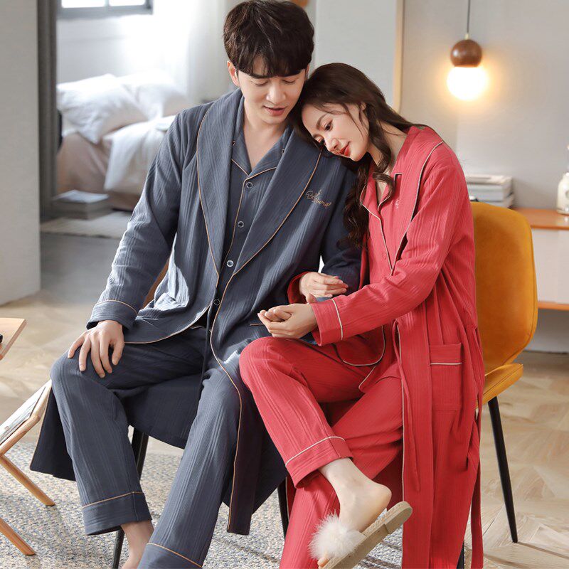情侣睡袍女睡衣春秋纯棉长袖浴袍长款秋季男士大码家居服三件套装