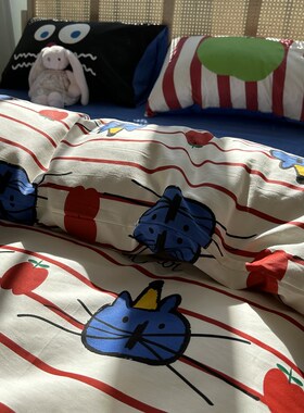 卡通涂鸦小猫全棉条纹床上四件套1.E5m1.8米公寓宿舍床单被套