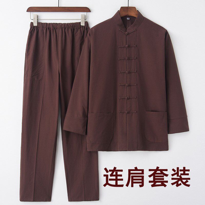 初秋纯棉老粗布唐装男传统连肩袖套装中老年长袖上衣外套复古汉服