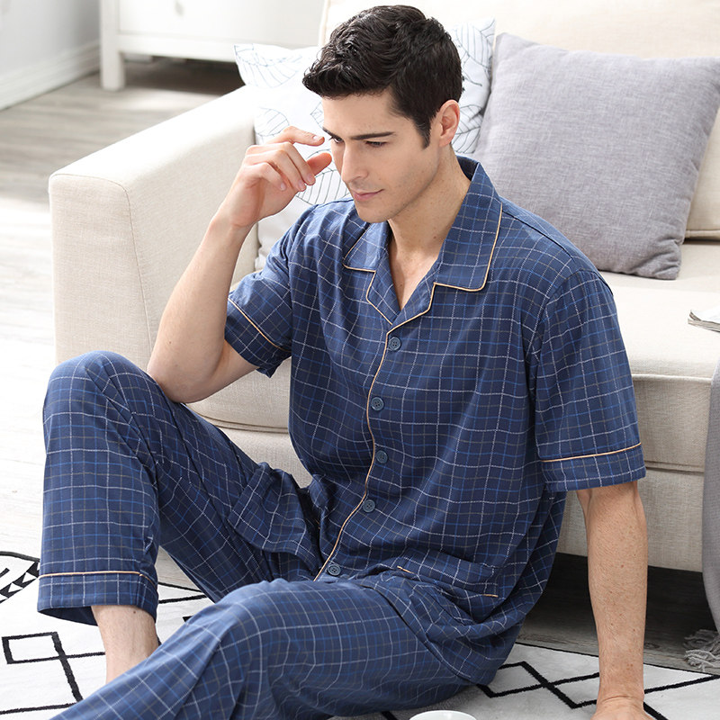 男士睡衣夏季短袖长裤纯棉中年爸爸加肥加大码男款薄款家居服套头