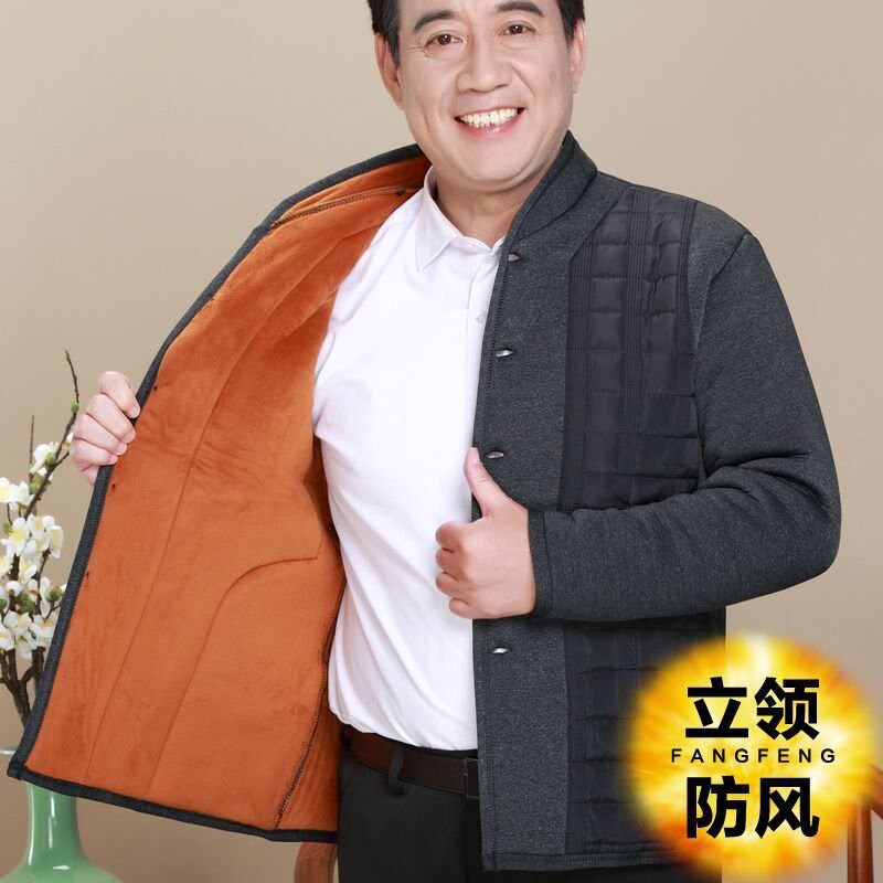 中老年冬季男装棉衣爸爸装加绒加厚保暖外套爷爷驼绒宽松冬季棉袄