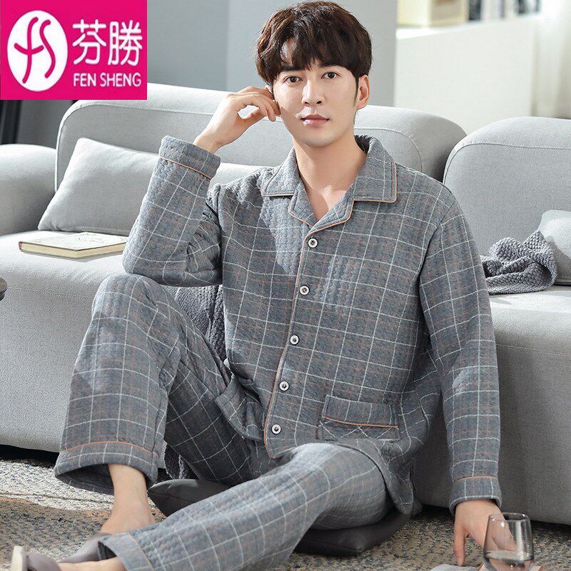 睡衣男冬季纯棉大码夹层空气棉2025新款冬天男士保暖家居服可外穿